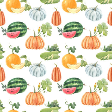 Beautiful vector seamless pattern with cute watercolor hand drawn melon watermelon and pumpkin vegetables. Stock illustration.