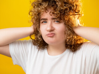 Obesity struggle. Body positive. Fat shaming. Overweight problems. Sad frowning plus size young...