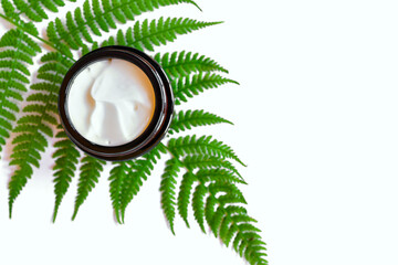 Fototapeta na wymiar Jar of natural organic face cream on fern leaves. Copy space for your cosmetics brand design