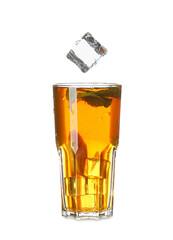Glass of tasty cold ice tea with lemon on white background