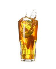 Glass of tasty cold ice tea with lemon on white background