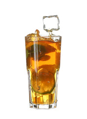 Glass of tasty cold ice tea with lemon on white background