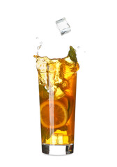 Glass of tasty cold ice tea with lemon on white background