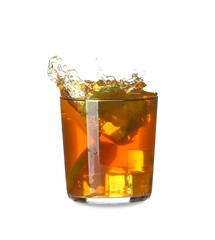Glass of healthy cold ice tea on white background