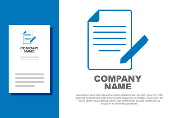 Blue Document and pen icon isolated on white background. File icon. Checklist icon. Business concept. Logo design template element. Vector