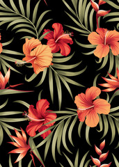 Seamless pattern of hibiscus flowers and palm leaf background template. Vector set of floral element for tropical print, wedding invitations, greeting card, brochure, banners and fashion design.