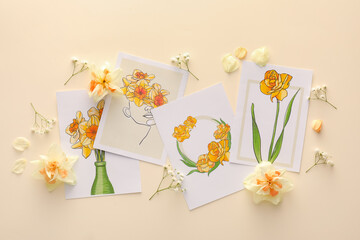 Beautiful greeting cards and flowers on color background