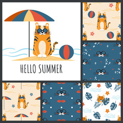 Summer children's set with postcard and seamless patterns. Cute orange tiger on vacation on the beach by the sea. Cartoon vector illustration for baby shower, room and other decoration