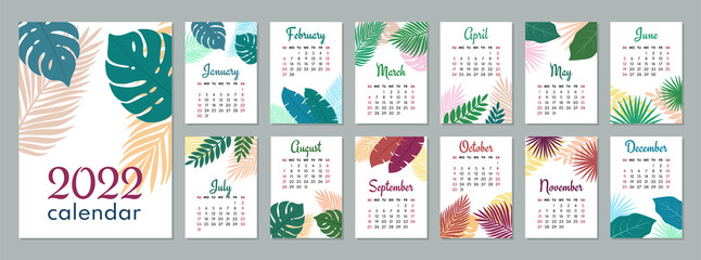 2022 calendar template. Calendar concept design with leaves. Week starts on Sunday. Set of 12 months 2022 pages. Vector illustration.