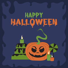 Happy Halloween vector greeting card with candies and creepy face pumpkin on dark purple background