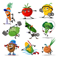 Vegetables sports characters. Funny vegetable food set with laughing and happy faces in sport exercising, yellow pepper cucumber, broccoli carrot, vector illustration