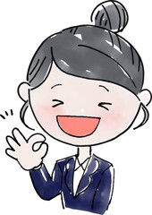 笑顔でオッケーマークをつくっているスーツの女性（黒髪おだんごヘア）