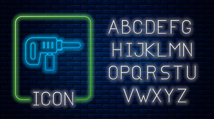 Glowing neon Electric drill machine icon isolated on brick wall background. Repair tool. Neon light alphabet. Vector
