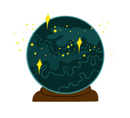 A Crystal ball with swirling elements in it and stars surrounding it. 