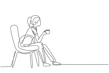 Single continuous line drawing young pretty girl sitting in modern chair, enjoying coffee in front of window at cozy home, side view concept. Dynamic one line draw graphic design vector illustration