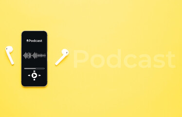 Podcast icon. Audio equipment with microphone, sound headphones, podcast application on mobile smartphone screen. Radio recording sound voice on yellow background. Broadcast media music concept.