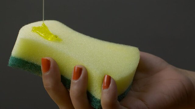 Closeup shot of dishwashing liquid detergent falls on a yellow and green sponge. Hands of an Indian woman holding a kitchen sponge with few drops of dish wash gel - household work concept