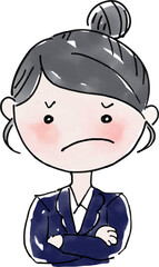 怒った表情で腕組みをするスーツの女性（黒髪おだんごヘア）