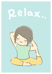 ヨガ, 鳩のポーズ, 女性, Relax文字
