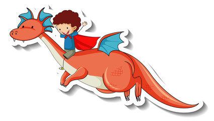 Sticker template with superhero boy riding a fantasy dragon