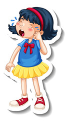 Sticker template with a girl crying cartoon character isolated