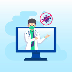 Fototapeta na wymiar Online Doctor educate a pandemic corona virus warning with medical mask to protect. landing page website illustration flat vector