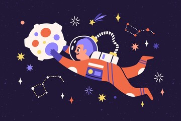 Child astronaut in spacesuit travel in cosmos. Cosmonaut flying and floating in outer space with stars, comets, constellations and asteroids. Flat vector illustration of childish fantasy in universe