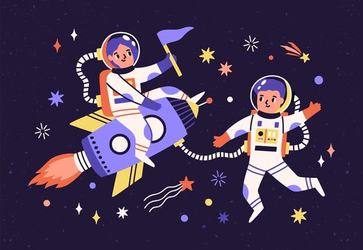 Spaceman children in space suits traveling in universe. Adventure of cute funny astronauts in cosmos. Kids on rocket. Childish colored flat vector illustration of spacewalk on spaceship
