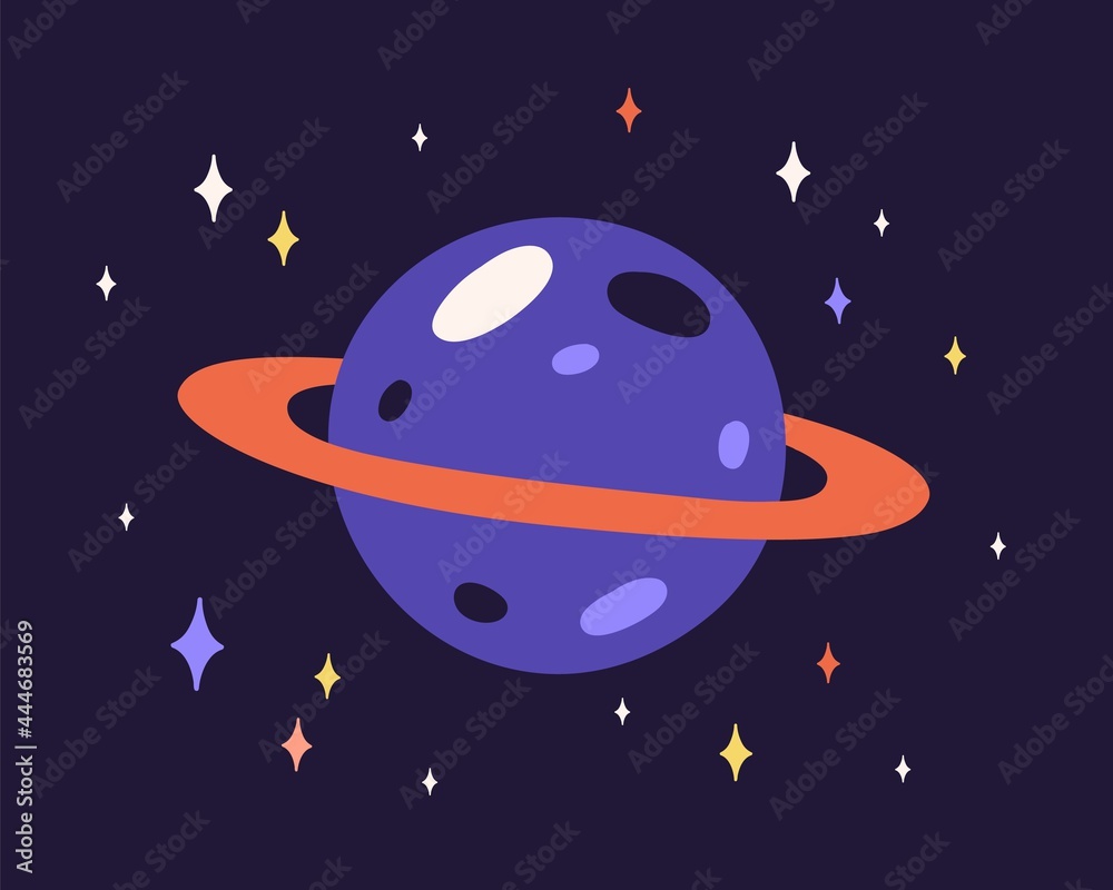 Poster abstract planet sphere with craters on surface and ring around. alien world with cosmic globe and st