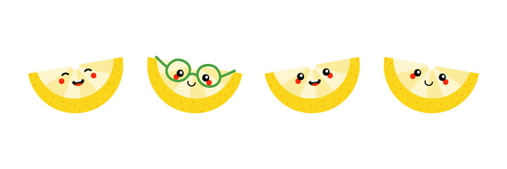 Set, collection of cute cartoon style yellow smiling lemon slice characters.
