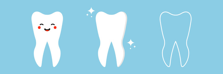 Set, collection of cute cartoon style white tooth character with teeth sign, symbols for dental care service design.
