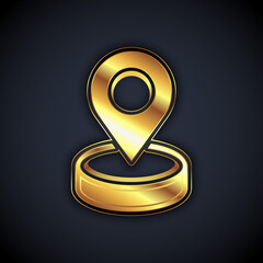 Gold Map pin icon isolated on black background. Navigation, pointer, location, map, gps, direction, place, compass, search concept. Vector