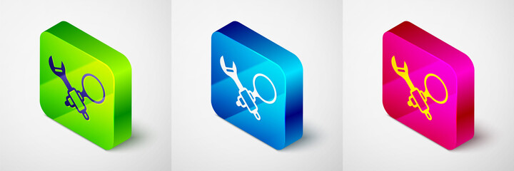 Isometric Debugging icon isolated on grey background. Debugging tool. Magnifying glass on bug programming. Testing and setting software. Square button. Vector