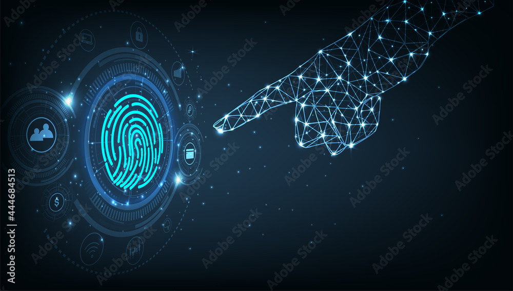 Aufkleber Cyber security with fingerprint scanning concept.Image Fingerprint on geometric graphics dark blue.Security and password control through fingerprints.Virtual 3d Illustration.