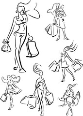  Set of five different line doodle sketches of a woman shopping walking along carrying shopping bags with her long hair flowing behind her