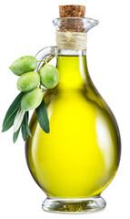 Carafe with olive oil decorated with fresh olive fruits. File contains clipping path.