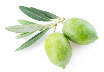 Two green natural olives isolated on a white background.