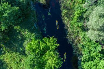 Canoes on the calm river. Aerial top view. Beautiful picture of river and green banks of the river in the summer morning day.