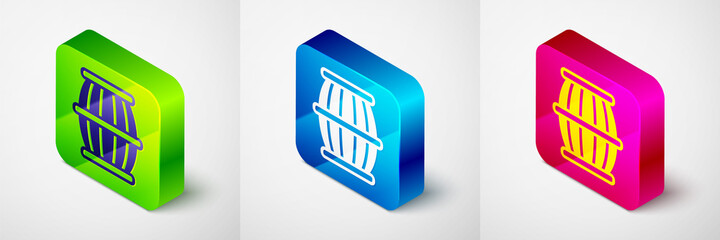 Isometric Gun powder barrel icon isolated on grey background. TNT dynamite wooden old barrel. Square button. Vector