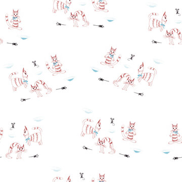 Seamless pattern from children's doodle drawings of a cat and a mouse with colored pencils isolated on a white background three poses of a cat, sits, arched his back, for fabric design, wrapping paper