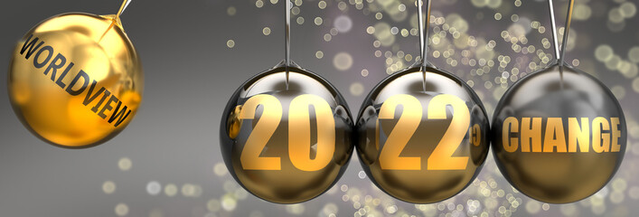 Worldview as a driving force of a change in the new year 2022 - pictured as a swinging sphere with phrase Worldview giving momentum to 2022 that leads to a change, 3d illustration