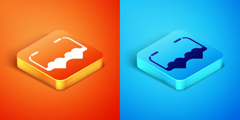 Isometric Heart shaped love glasses icon isolated on orange and blue background. Suitable for Valentine day card design. Vector