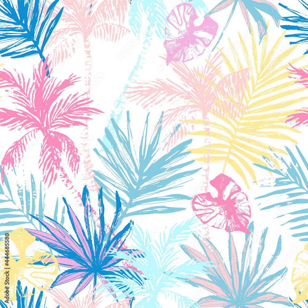 Wall mural beautiful abstract tropics seamless pattern. bright grunge palm trees, tropical leaves on white back