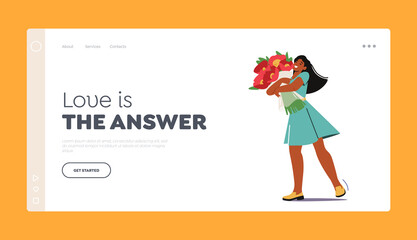 Loving Relation, Gift Landing Page Template. Young Female Character Holding Bouquet of Beautiful Flowers in Hands