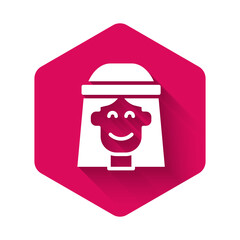 White Hippie girl icon isolated with long shadow background. Peace and love sign. Symbol pacificism freedom and love. Pink hexagon button. Vector