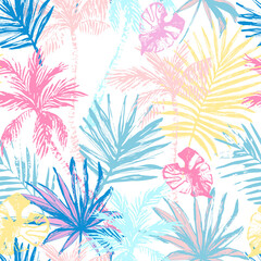 Beautiful abstract tropics seamless pattern. Bright grunge palm trees, tropical leaves on white background © Tanya Syrytsyna