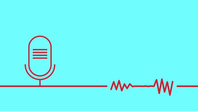 Podcast microphone and audio waveform red on blue. Motion graphics animation banner.