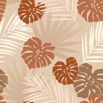 Tropical seamless pattern with terracotta dotted palm leaves silhouettes. Jungle stipple vector art.