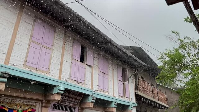 Rustic Structure Facade During Rainy Day At Temple Town In Trimbakeshwar City, Trimbak, Maharashtra, India. - Static Shot