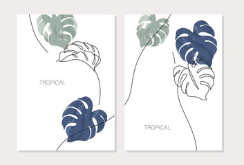 Abstract minimal monstera leaves posters set in one line drawing, watercolor style.